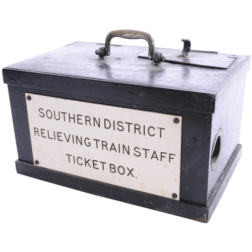 188 - A train staff and ticket box, steel, with opening security flap to insert used tickets, a trafolite ... 