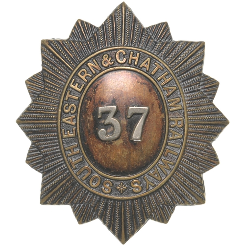 200 - An SECR Police helmet badge, SOUTH EASTERN & CHATHAM RAILWAYS 37, 2½x2¾, brass with nickel numerals,... 