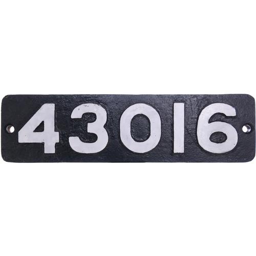 219 - A smokebox numberplate, 43016, from a LMS Class 4 2-6-0 built at Horwich and allocated new to Holbec... 