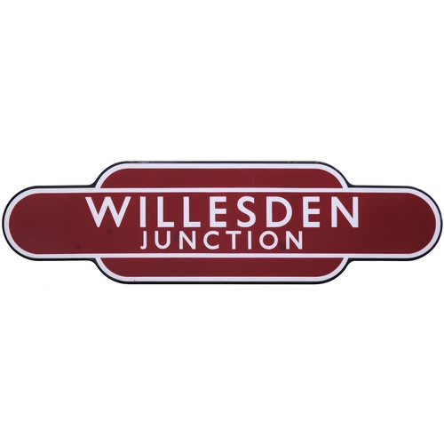 220 - A BR(M) totem sign, WILLESDEN JUNCTION, (f/f), from the West Coast Main Line north of Euston. Excell... 