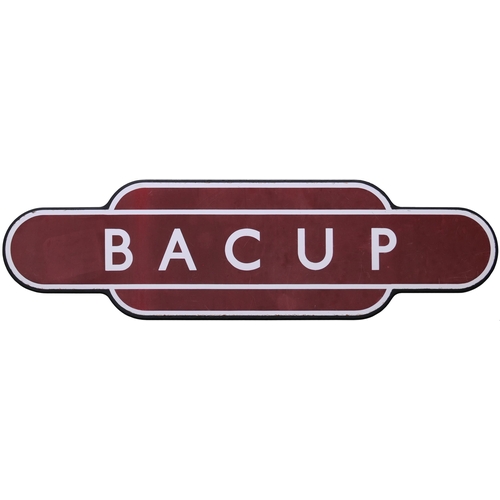 233 - A BR(M) totem sign, BACUP, (f/f), the terminus of the branch from Bury, the eastern section closing ... 