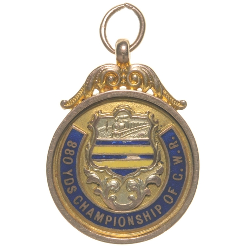 254 - A GWR gold medallion, 880 YDS CHAMPIONSHIP OF GWR, by Fattorini, blue enamel surround with blue and ... 