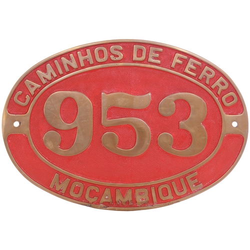 26 - A cabside numberplate, CAMINHOS DE FERRO MOCAMBIQUE, 953, from a 2-8-2+2-8-2 Beyer Garratt built by ... 