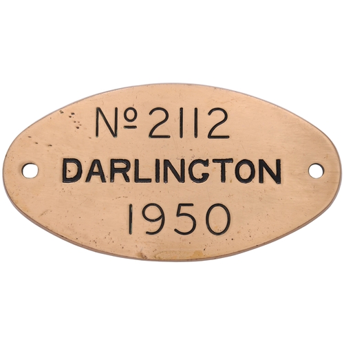 273 - A worksplate, No 2112, DARLINGTON, 1950, from a (LMS) Class 4 2-6-0 No 43070 allocated new to Heaton... 