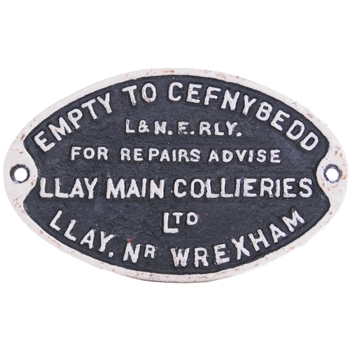 297 - A wagonplate, EMPTY TO CEFNYBEDD LNE RLY, REPAIRS ADVISE LLAY MAIN COLLIERIES LLAY, WREXHAM, Cast ir... 