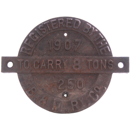 30 - A Brecon and Merthyr Railway wagon registration plate, 8 TONS, 250, 1907. Cast iron, 8¼