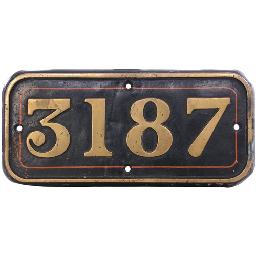 304 - A GWR cabside numberplate, 3187, from a 3150 Class 2-6-2T built at Swindon, Works No 2296, in Januar... 