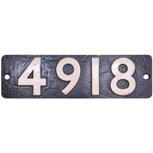 308 - A smokebox numberplate, 4918, from a GWR 4900 Hall Class 4-6-0 Dartington Hall. The front repainted.... 