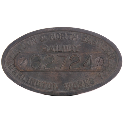 309 - A worksplate, LONDON & NORTH EASTERN RAILWAY, 62724, DARLINGTON, 1928, from a LNER D49 Shire Class 4... 