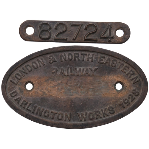 309 - A worksplate, LONDON & NORTH EASTERN RAILWAY, 62724, DARLINGTON, 1928, from a LNER D49 Shire Class 4... 