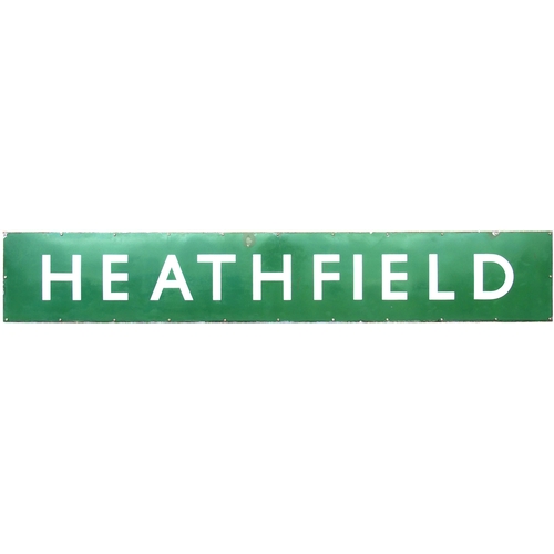 317 - A BR(S) station sign, HEATHFIELD, from the Cuckoo Line between Eridge and Polegate, closed in 1965. ... 