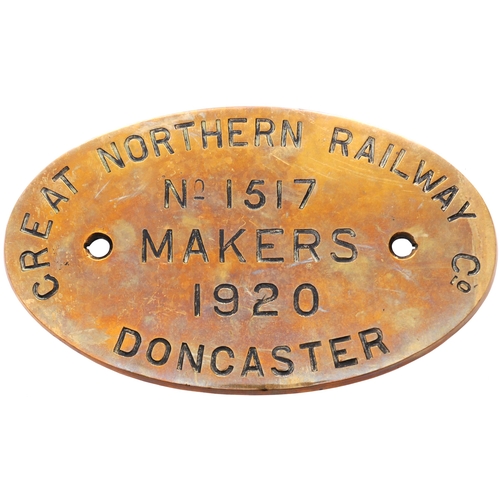 318 - A worksplate, GREAT NORTHERN RAILWAY, 1517, DONCASTER, 1920, from a GNR H4 Class 2-6-0 No 1004, late... 