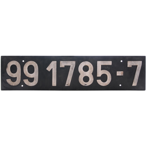 338 - A German smokebox numberplate, 99 1785-7. Aluminium characters on steel backplate, cleaned and repai... 