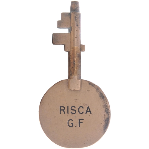 346 - A ground frame key, RISCA G.F., (engraved brass), from the Newport to Crumlin route. (Postage Band: ... 