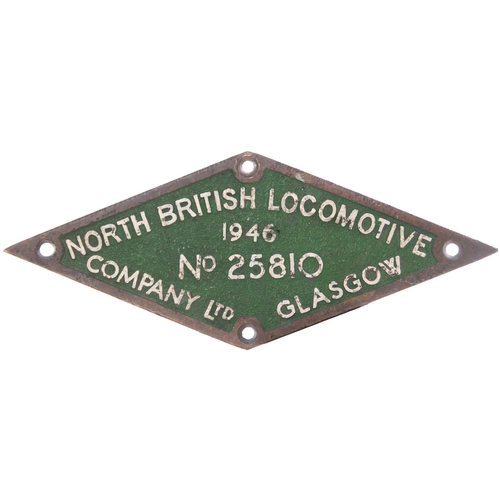 349 - A worksplate, NORTH BRITISH LOCOMOTIVE Co, 25810, 1946, from a LNER B1 Class 4-6-0 No 1054, becoming... 