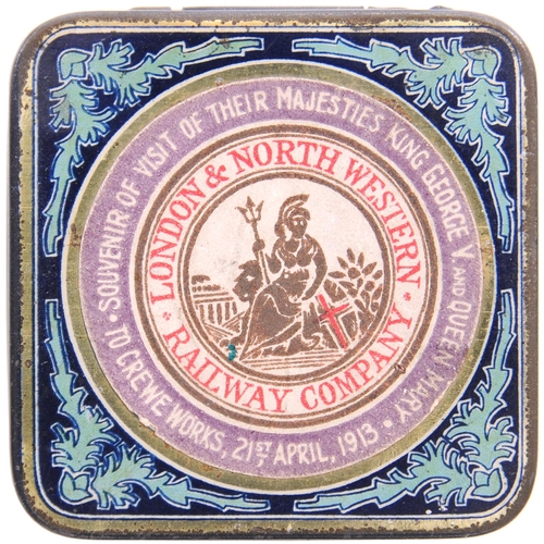 351 - A Crewe Works Royal Visit souvenir tobacco tin,  SOUVENIR OF THE VISIT OF THEIR MAJESTIES KING GEORG... 