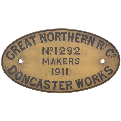 379 - A worksplate, GREAT NORTHERN Ry Co DONCASTER WORKS, 1292, MAKERS, 1911, from a GNR N1 Class 0-6-2T N... 