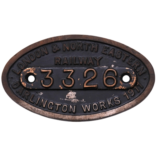 381 - A worksplate, LONDON & NORTH EASTERN RAILWAY, 3326, DARLINGTON, 1911, from a NER Q5 Class 0-8-0 No 6... 