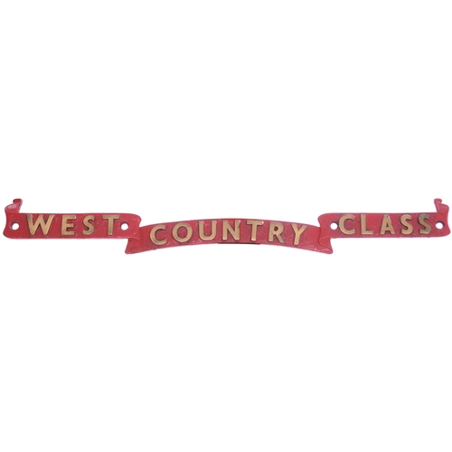 399 - A nameplate scroll, WEST COUNTRY CLASS, from a Bulleid Pacific, as mounted below the nameplate. Cast... 