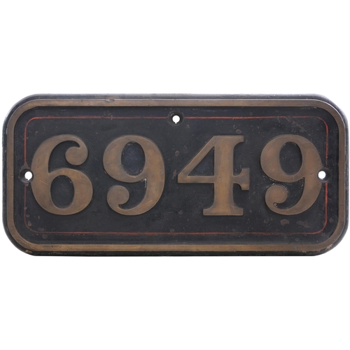 406 - A GWR cabside numberplate, 6949, from a 4900 Hall class 4-6-0 HABERFIELD HALL. Cast brass in ex loco... 