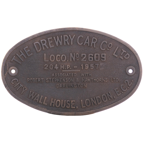 407 - A worksplate, DREWRY CAR Co/ROBERT STEPHENSON HAWTHORN, 2609/7895, 1957, from a BR Class 04 diesel s... 