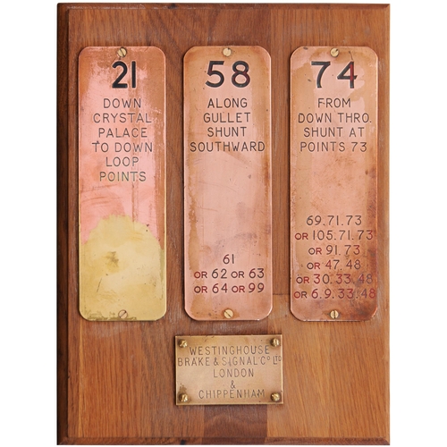 414 - A group of Southern Railway lever description plates, with references to Crystal Palace, Gullet Shun... 