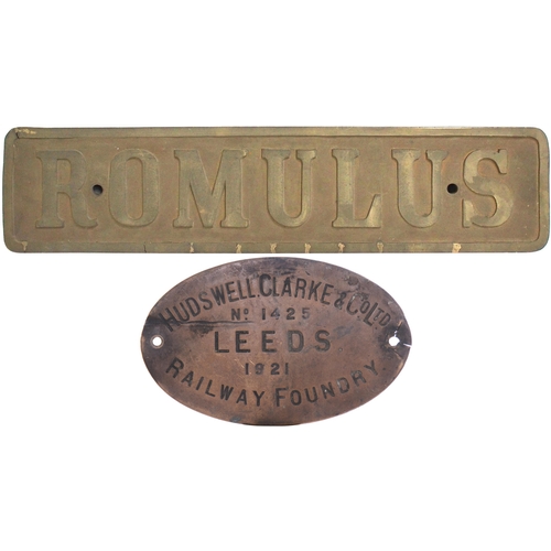 424 - A locomotive nameplate ROMULUS with its matching worksplate HUDSWELL, CLARKE, 1425, 1921, from a sta... 