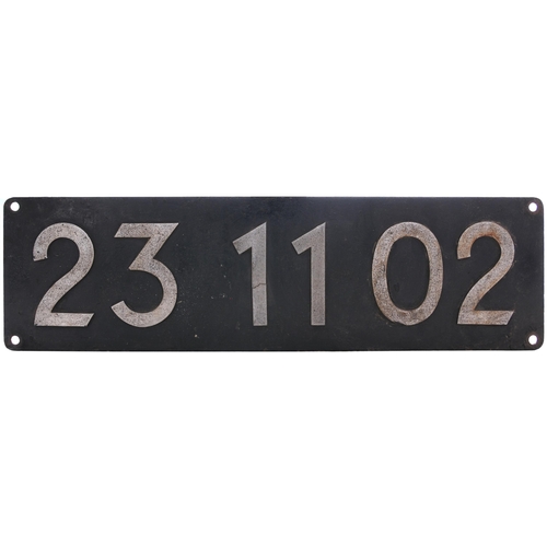 428 - A German smokebox numberplate, 23 11 02. Aluminium numerals on steel backplate, 27½