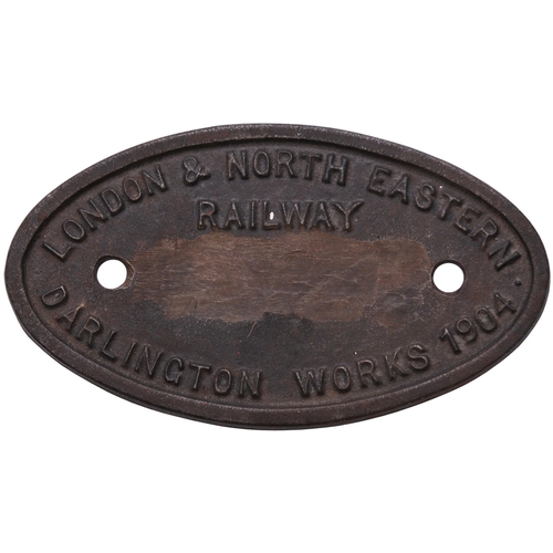 43 - A worksplate, LONDON & NORTH EASTERN RAILWAY, 65743, Darlington, 1904, from a NER J26 Class 0-6-0 No... 