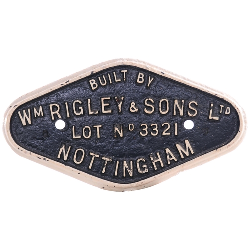 433 - A wagonplate, W M WRIGLEY & SON LTD LOT No 3321, NOTTINGHAM. Cast iron, 11¾