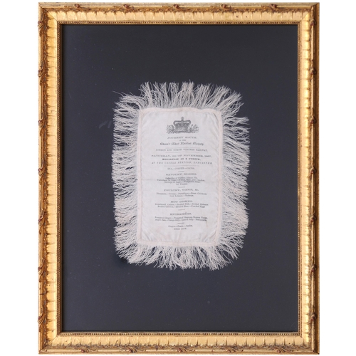 6 - An early royal train menu, printed on silk with tassel surround. Journey South of the Queen's Most E... 