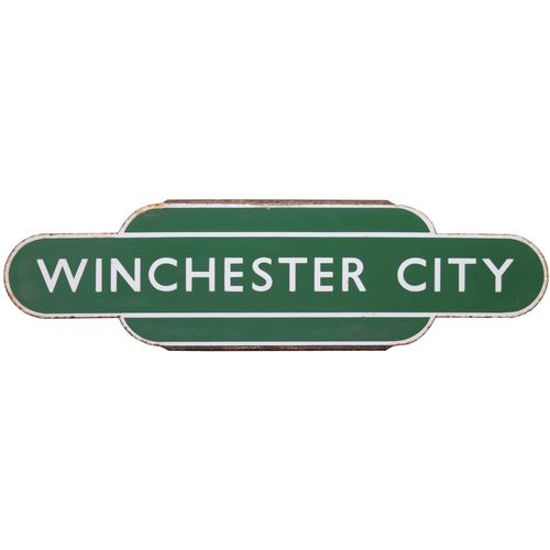 62 - A BR(S) totem sign, WINCHESTER CITY, (h/f), from the Waterloo to Southampton and Weymouth route. An ... 