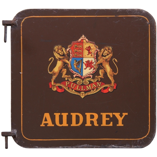 65 - A Pullman Car name, AUDREY, with coat of arms, as slotted in by the door while the car is on the pla... 