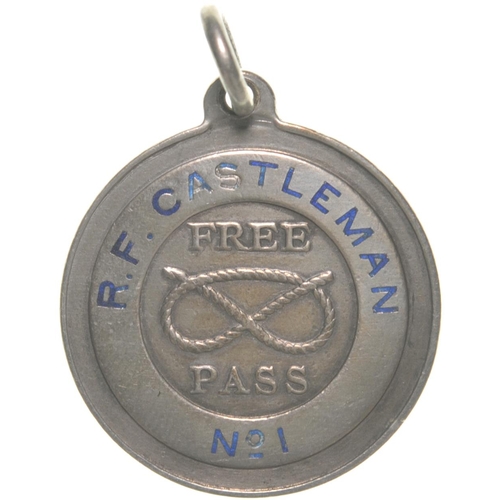 7 - A North Staffordshire Railway director's pass, R F Castleman, No 1, silver, 1…› diameter, conditions... 