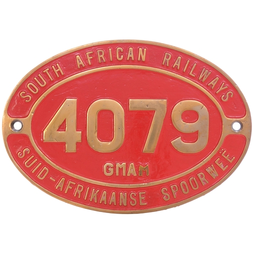 76 - A South African Railways cabside numberplate, 4079, GMAM, 4079, from a 3ft 6ins Gauge Class GMAM 4-8... 