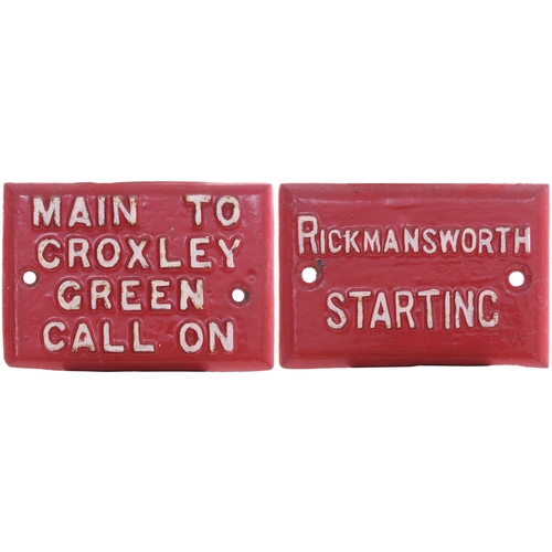 85 - A pair of LNWR signal lever back plates, RICKMANSWORTH STARTING and MAIN TO CROXLEY GREEN CALL ON, e... 