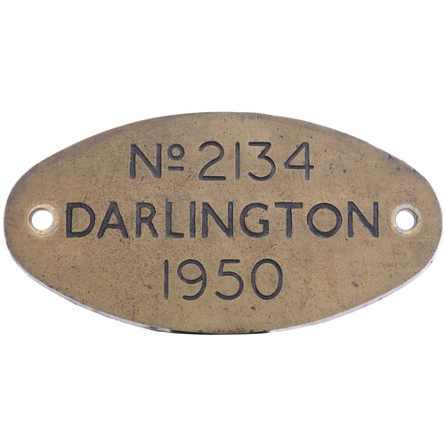 215 - A worksplate, No 2134, DARLINGTON, 1950, from a (LMS) Class 4 2-6-0 No 43092 allocated new to South ... 