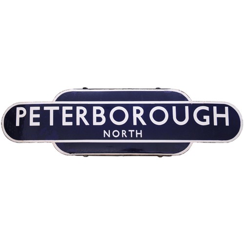 400 - A BR(E) totem sign, PETERBOROUGH NORTH, (h/f), from the East Coast Main Line station. Excellent colo... 