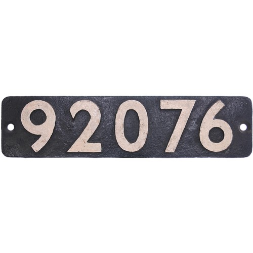 415 - A smokebox numberplate, 92076, from a BR Class 9F 2-10-0 built at Crewe and allocated new to Doncast... 