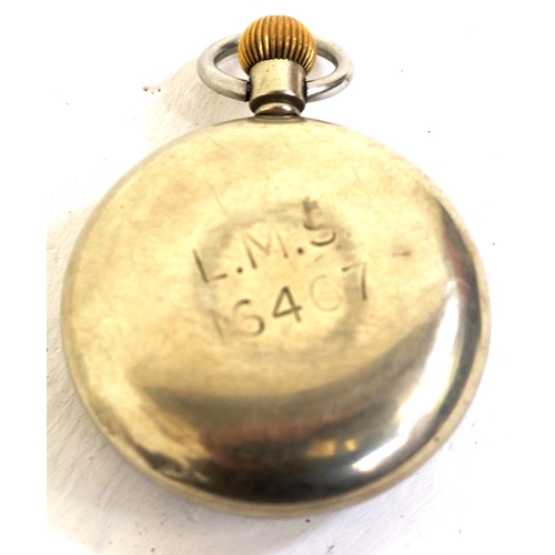 115 - LMS pocket watch No 16467, engraved on back, 15 jewel movement by Record (Swiss), works when wound. ... 