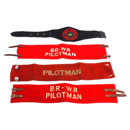 126 - Pilotman cloth armbands including BR-WR & SR (unpicked LSWR) plus Post Office Postman No 181 armband... 