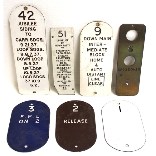 142 - Selection of signal box lever plates including three enamel (as new), Jubilee Siding & brass power f... 