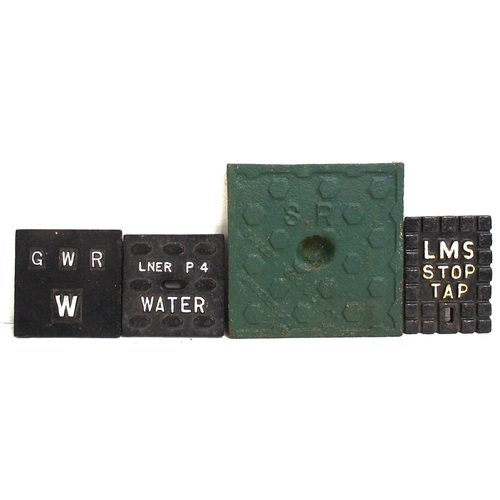 153 - GWR, SR, LMS & LNER C/I ground stop tap/cock covers - one from each of the big four Companies, all i... 