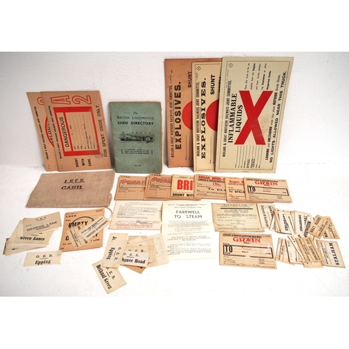 162 - A box of paperwork, including Luggage Labels, Wagon Labels, modern facsimile of historic posters and... 