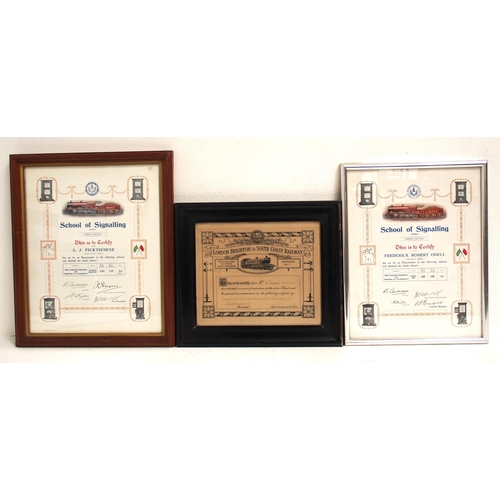 180 - LB&SCR signalling School certificate awarded to C Turner in 1922, two LMS same (Rugby) - all framed ... 