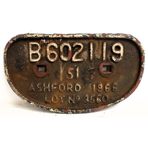 228 - BR C/I wagonplate B602119 51T Ashford 1955 Lot 3560, ex service condition. C3) (Dispatch by Mailboxe... 