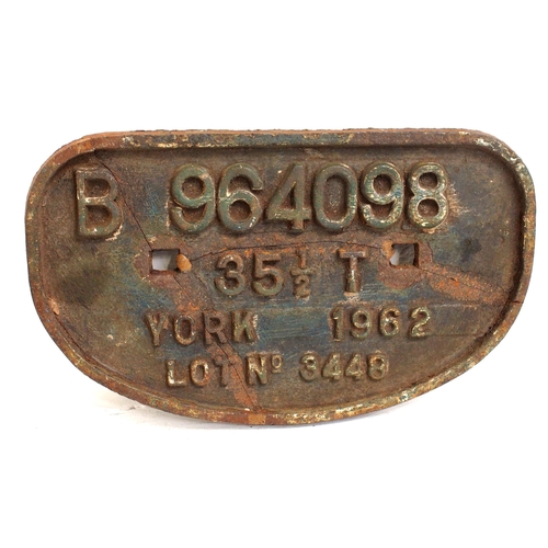 356 - D Wagonplate B964098 35 1/2T York 1962 Lot 3448 ex diesel brake tender, weld repaired otherwise ex s... 