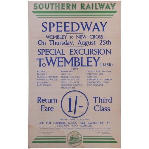 358 - Poster, SR double royal, SPEEDWAY AT WEMBLEY, August 1938, From South London (Brighton Section) Stat... 