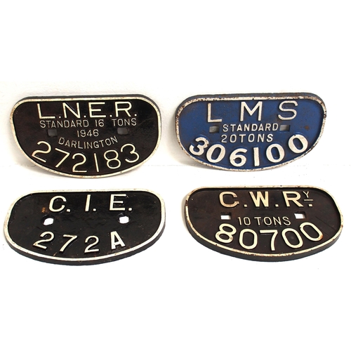 367 - D C/I wagonplates - LNER 16T 1946 272183, LMS 20T 306100, C.I.E. 272A, GWR 10T 80700. (4) (C3) (Disp... 