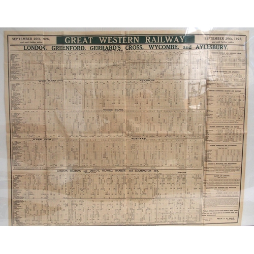 375 - GWR time table poster 1926 London, Greenford, Gerrard's Cross, Wycombe & Aylesbury, folded however i... 